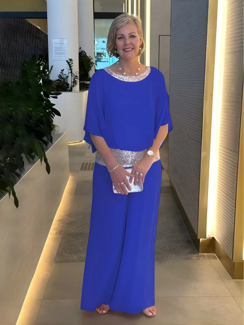 Nina Sequin Trim Two-Piece Evening Set in Blue