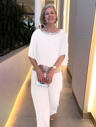 Nina Sequin Trim Two-Piece Evening Set in White