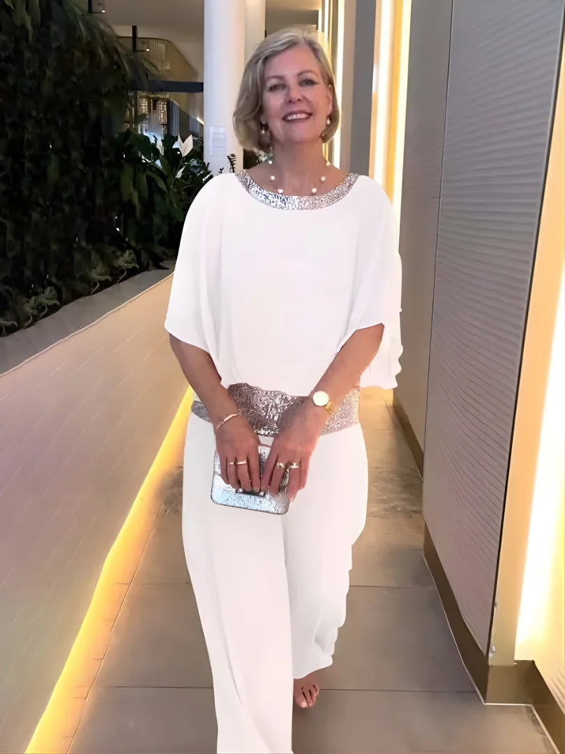 Nina Sequin Trim Two-Piece Evening Set in White