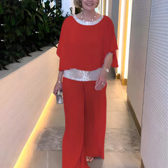 Nina Sequin Trim Two-Piece Evening Set in Red