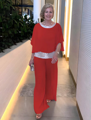 Nina Sequin Trim Two-Piece Evening Set in Red