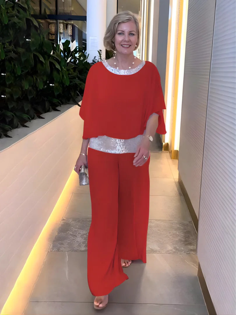 Nina Sequin Trim Two-Piece Evening Set in Red