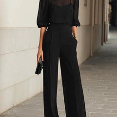 Noelle Sheer Sleeve Three-Piece Pants Set in Black