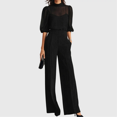 Noelle Sheer Sleeve Three-Piece Pants Set in Black