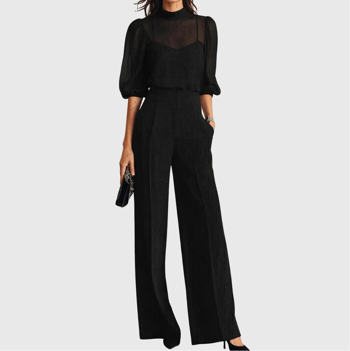 Noelle Sheer Sleeve Three-Piece Pants Set in Black