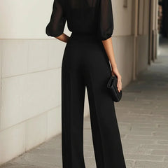Noelle Sheer Sleeve Three-Piece Pants Set in Black