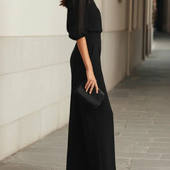 Noelle Sheer Sleeve Three-Piece Pants Set in Black