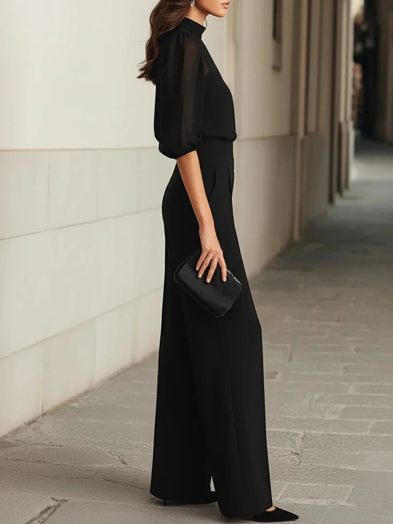 Noelle Sheer Sleeve Three-Piece Pants Set in Black