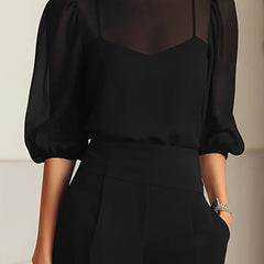 Noelle Sheer Sleeve Three-Piece Pants Set in Black