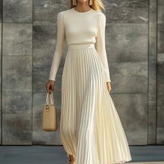 Nora Ribbed Top & Pleated Skirt Two-Piece Set in Cream