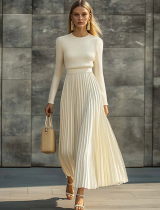 Nora Ribbed Top & Pleated Skirt Two-Piece Set in Cream
