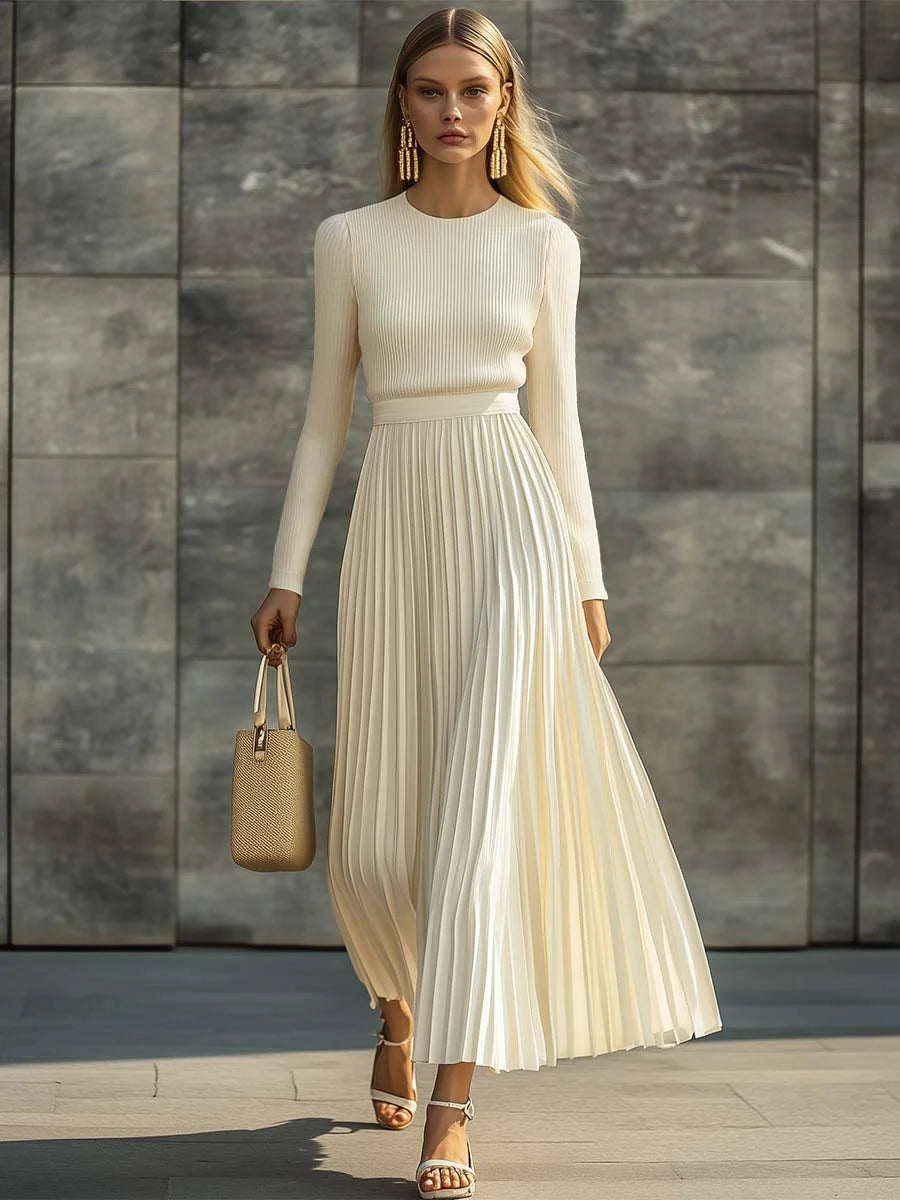 Nora Ribbed Top & Pleated Skirt Two-Piece Set in Cream