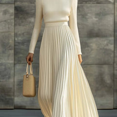 Nora Ribbed Top & Pleated Skirt Two-Piece Set in Cream