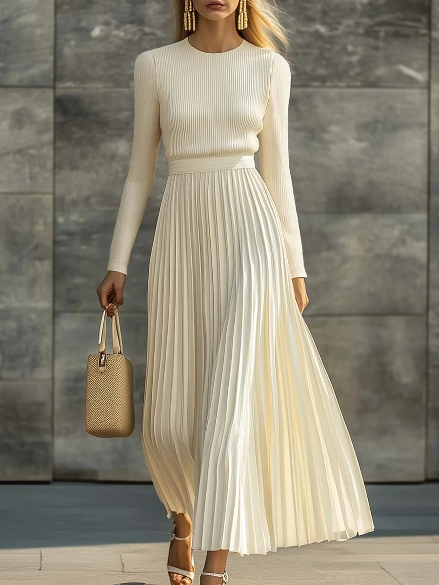 Nora Ribbed Top & Pleated Skirt Two-Piece Set in Cream