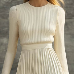 Nora Ribbed Top & Pleated Skirt Two-Piece Set in Cream