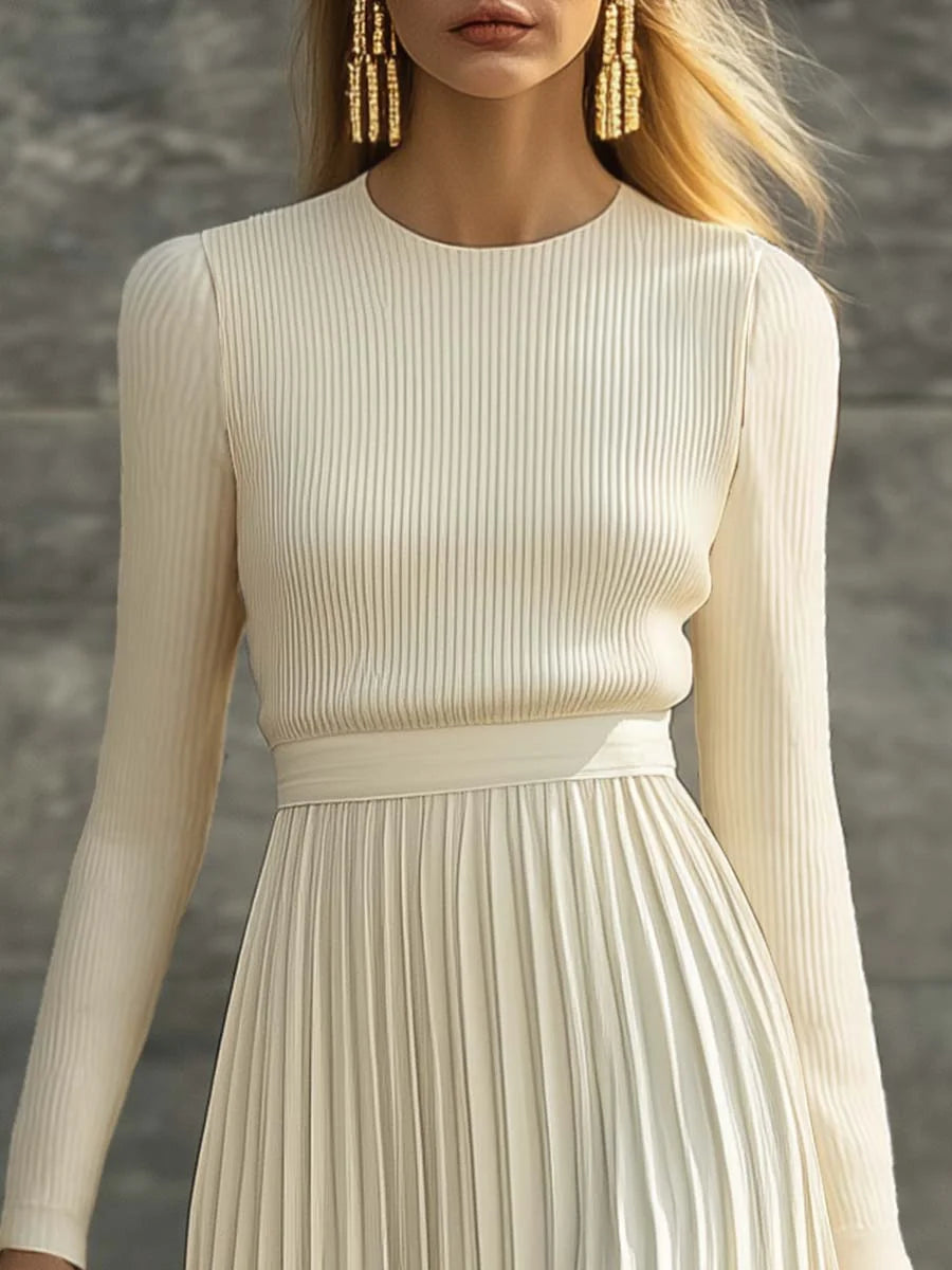 Nora Ribbed Top & Pleated Skirt Two-Piece Set in Cream