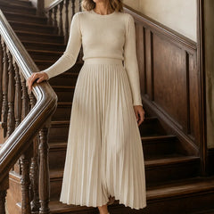 Nora Ribbed Top & Pleated Skirt Two-Piece Set in Cream