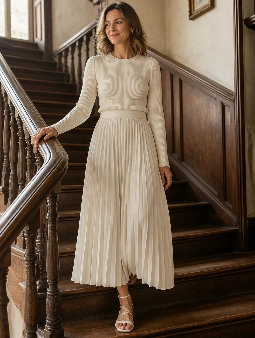 Nora Ribbed Top & Pleated Skirt Two-Piece Set in Cream