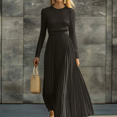 Nora Ribbed Top & Pleated Skirt Two-Piece Set in Black