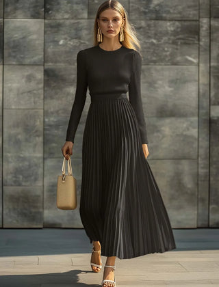 Nora Ribbed Top & Pleated Skirt Two-Piece Set in Black