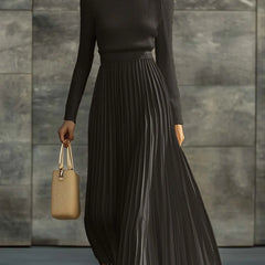 Nora Ribbed Top & Pleated Skirt Two-Piece Set in Black