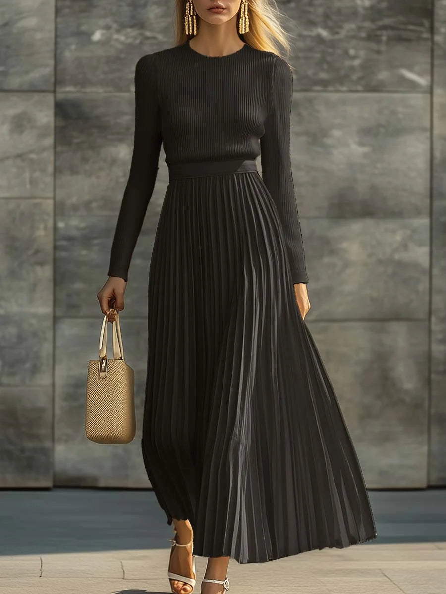 Nora Ribbed Top & Pleated Skirt Two-Piece Set in Black