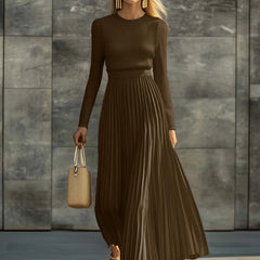 Nora Ribbed Top & Pleated Skirt Two-Piece Set in Brown