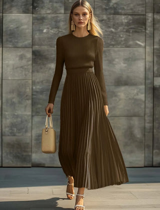 Nora Ribbed Top & Pleated Skirt Two-Piece Set in Brown