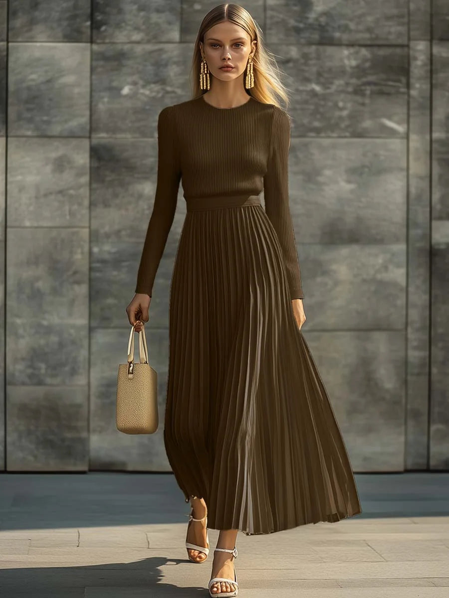 Nora Ribbed Top & Pleated Skirt Two-Piece Set in Brown