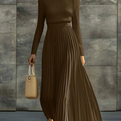 Nora Ribbed Top & Pleated Skirt Two-Piece Set in Brown