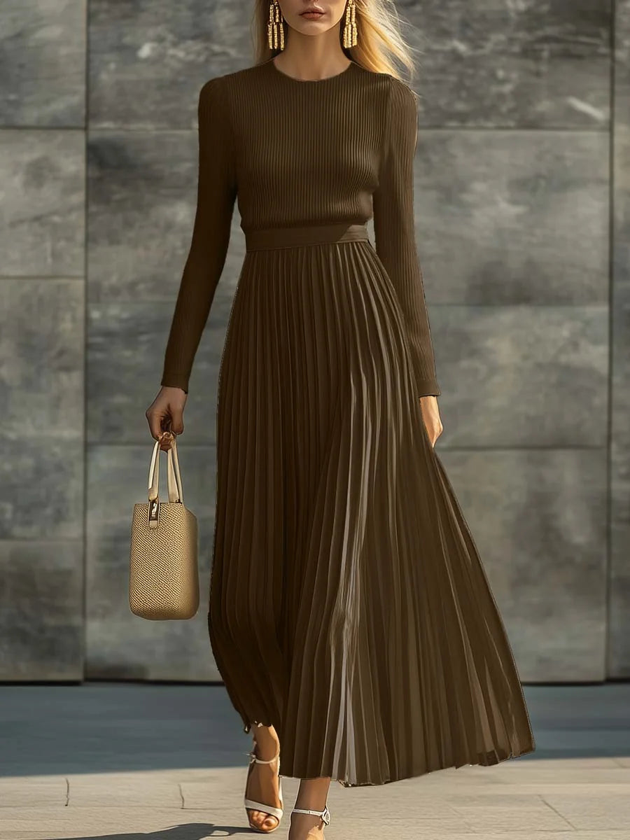 Nora Ribbed Top & Pleated Skirt Two-Piece Set in Brown