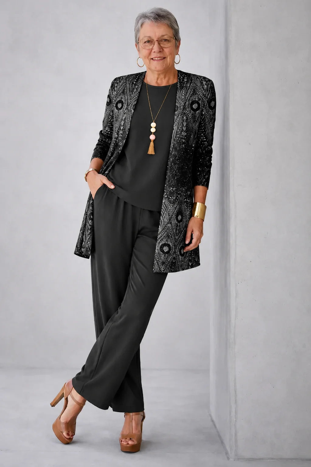 Norma Paisley Jacket Three-Piece Set in Black