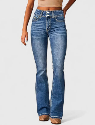 Octavia Double-Button Bootcut Jeans in Medium Blue