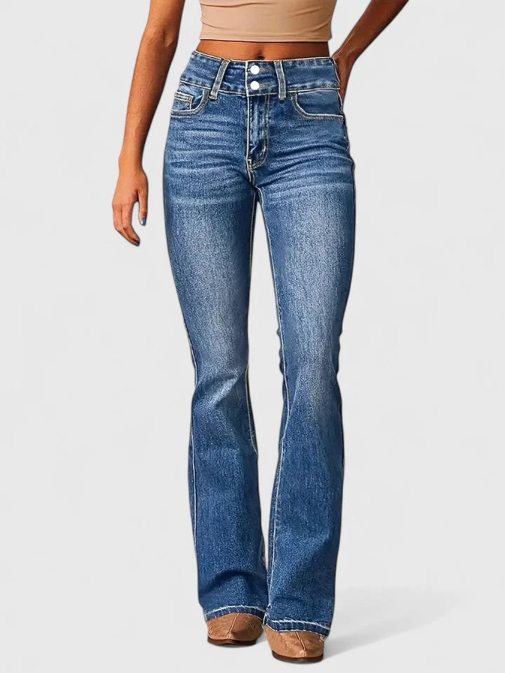 Octavia Double-Button Bootcut Jeans in Medium Blue