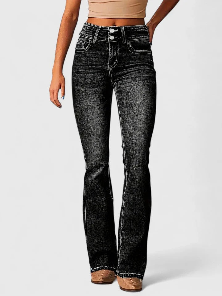 Octavia Double-Button Bootcut Jeans in Black
