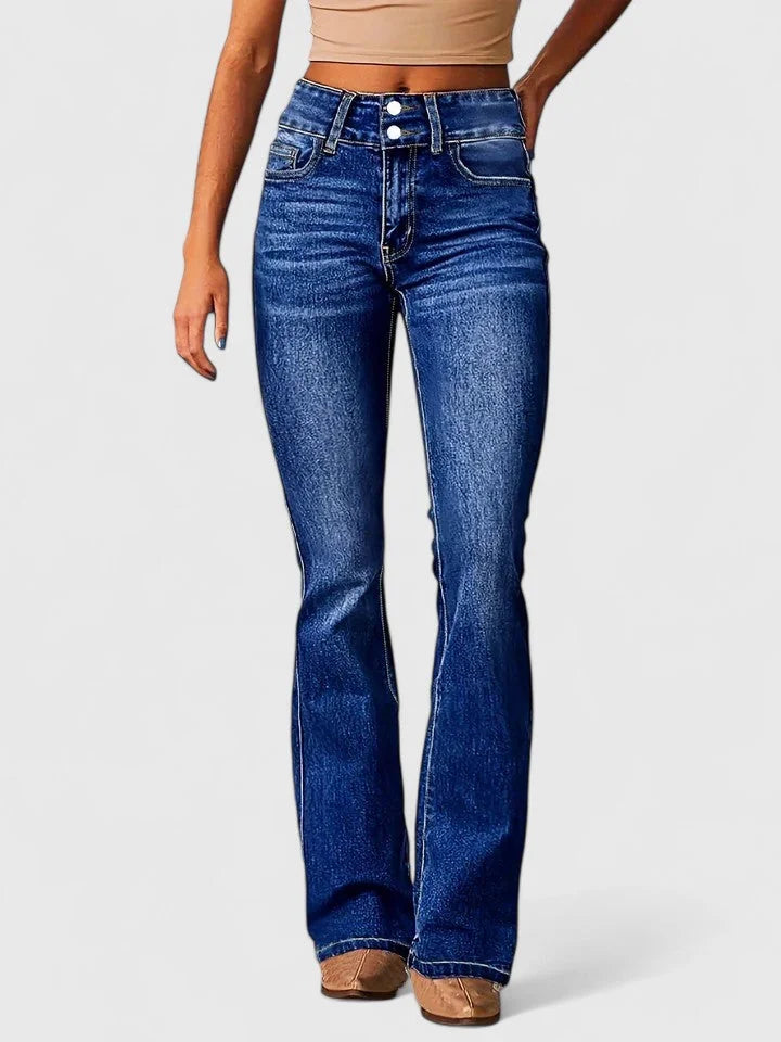 Octavia Double-Button Bootcut Jeans in Dark Blue