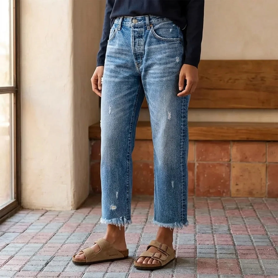 Olivia Fringed Hem Cropped Straight Jeans in Dark Blue