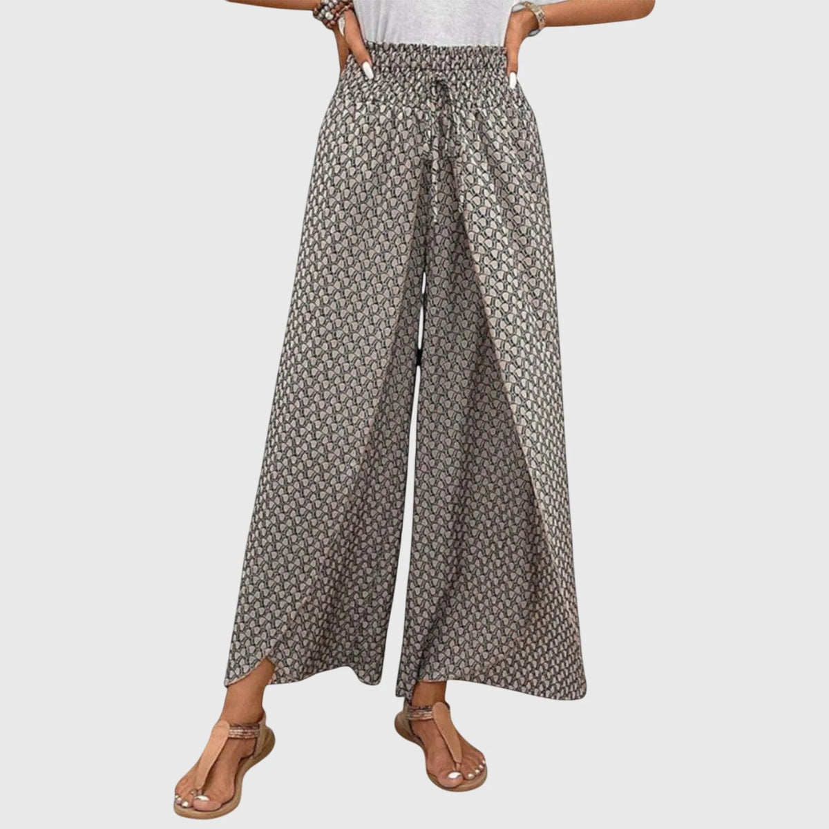Ophelia Printed Wrap-Front Palazzo Pants in Grey