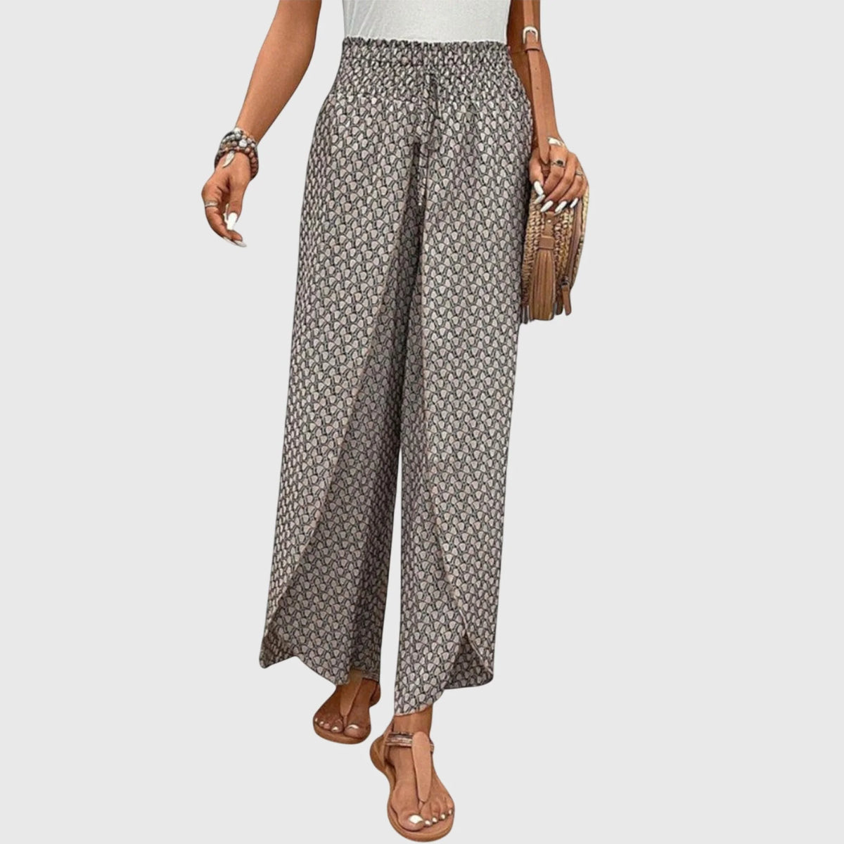Ophelia Printed Wrap-Front Palazzo Pants in Grey
