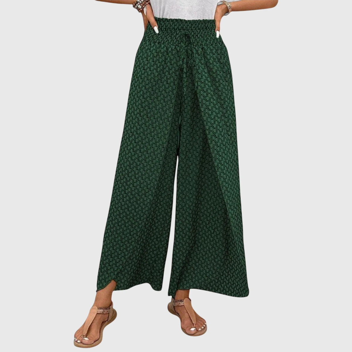 Ophelia Printed Wrap-Front Palazzo Pants in Green