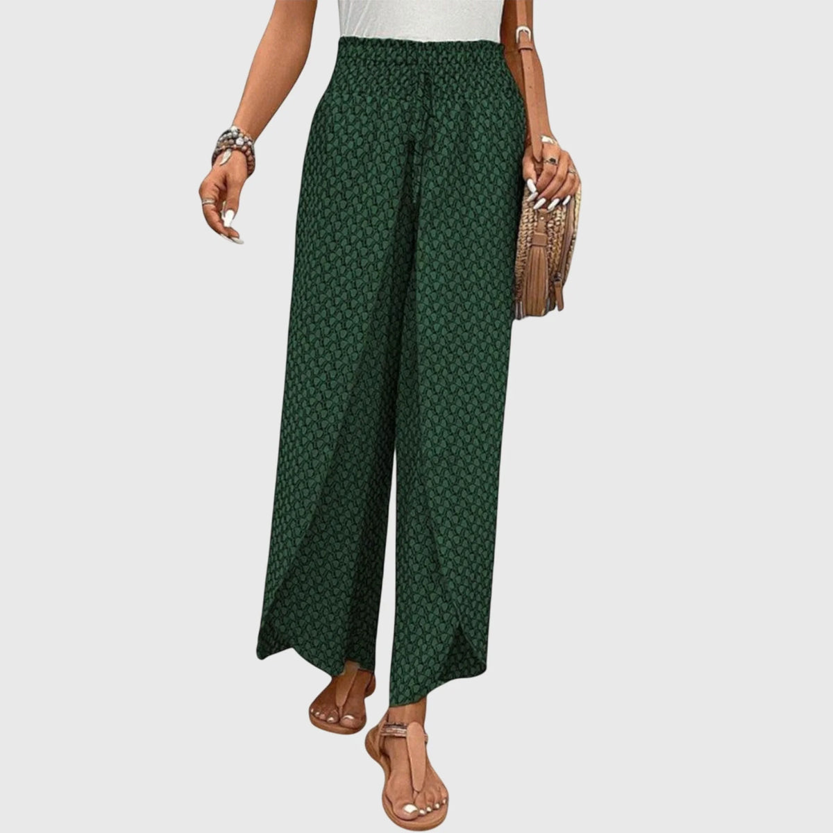 Ophelia Printed Wrap-Front Palazzo Pants in Green