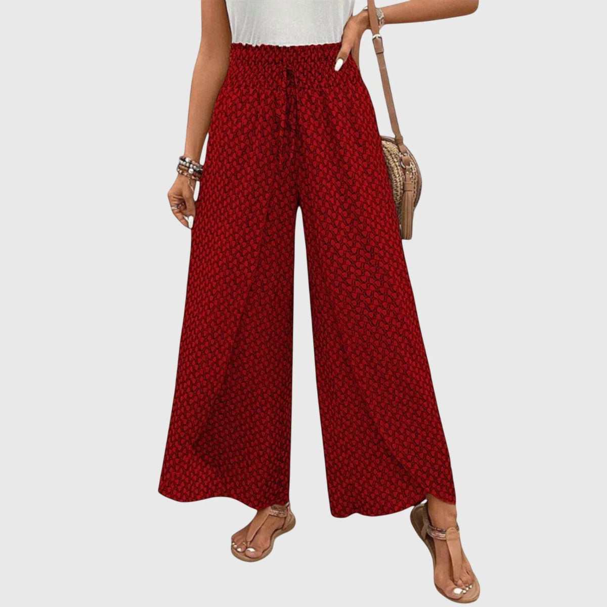 Ophelia Printed Wrap-Front Palazzo Pants in Wine Red