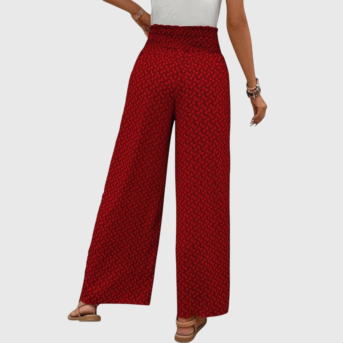 Ophelia Printed Wrap-Front Palazzo Pants in Wine Red