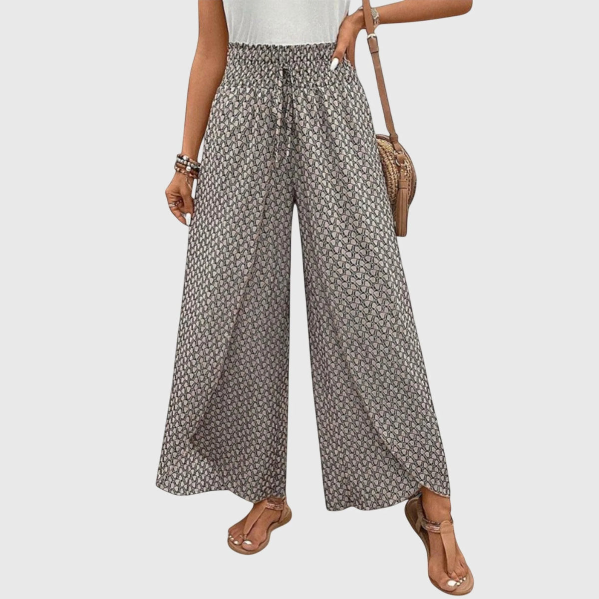 Ophelia Printed Wrap-Front Palazzo Pants in Grey