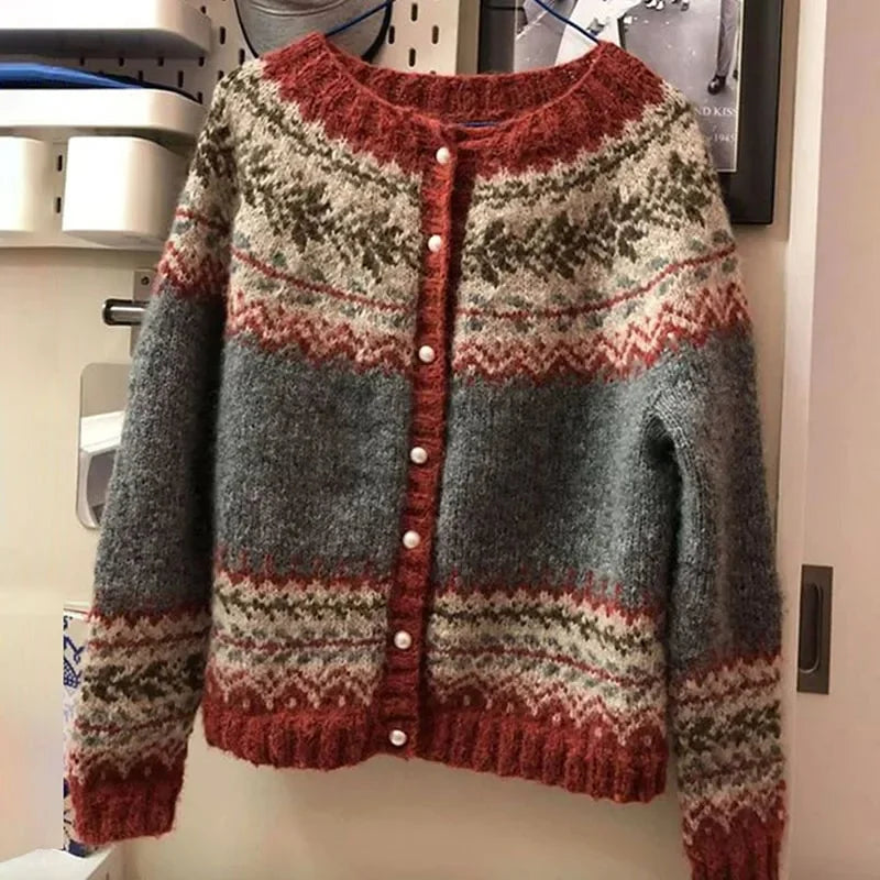 Patrice Fair Isle Yoke Button Cardigan in Rust & Grey