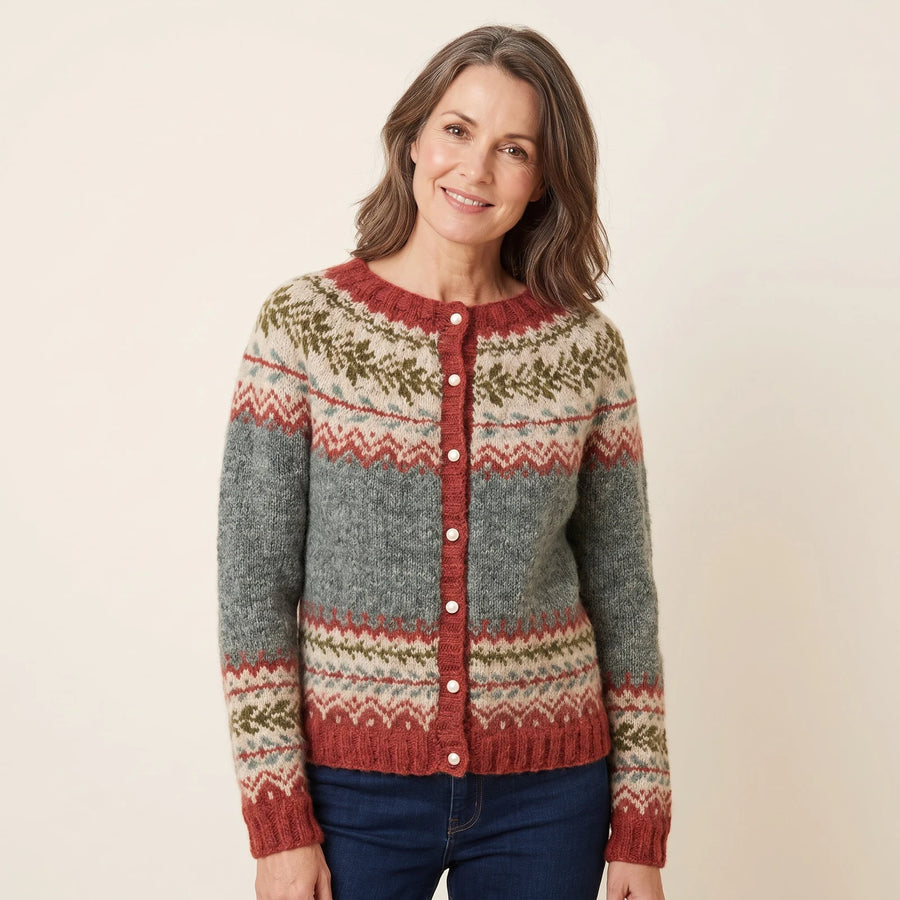 Patrice Fair Isle Yoke Button Cardigan in Rust & Grey, worn