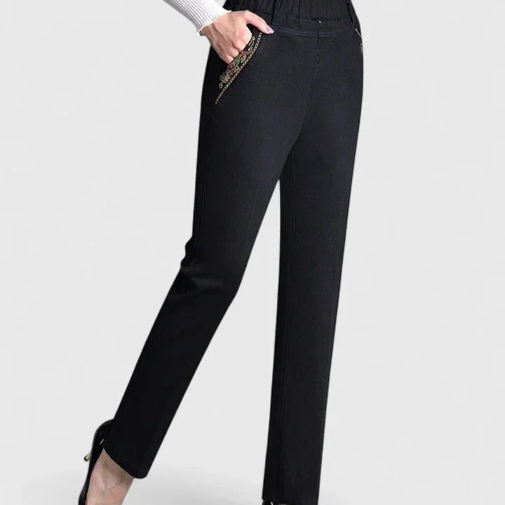 Patricia Pull-On Straight Leg Jeans in Black Lined