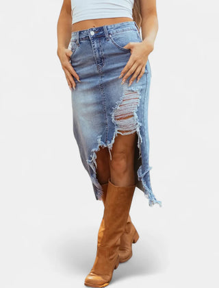 Pearl Frayed Asymmetric Hem Skirt in Light Blue