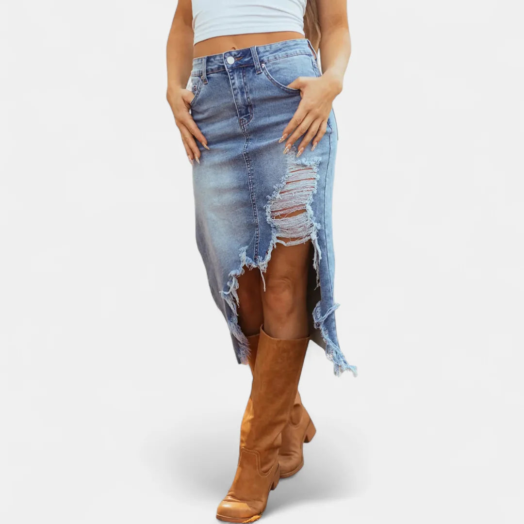 Pearl Frayed Asymmetric Hem Skirt in Light Blue
