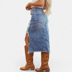Pearl Frayed Asymmetric Hem Skirt in Light Blue